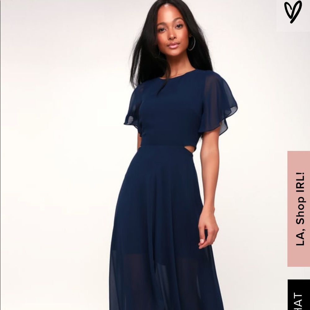 LuLus’s Navy Blue Cutout High-Low Dress